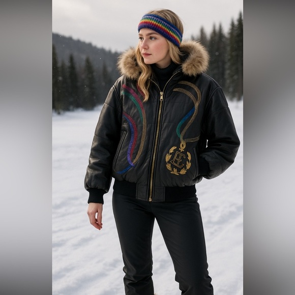 Iceberg Black Bomber with beautiful Tan Fur Hood. Design only on front - Picture 1 of 12